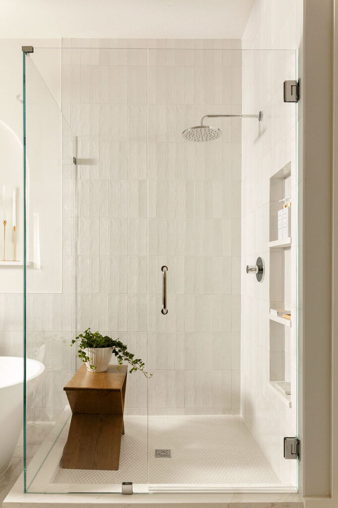 all white shower plano interior design photography with plant