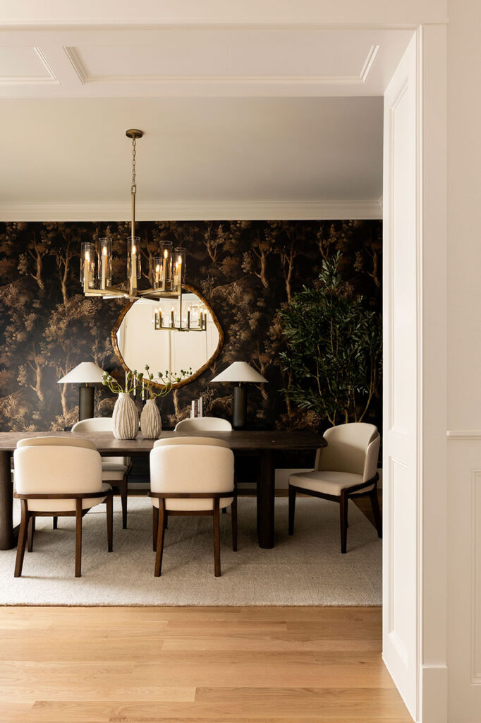 vertical image in dallas of dining room with light wood floors