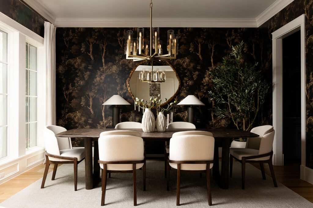 wide view of dallas custom dining room with dark accents