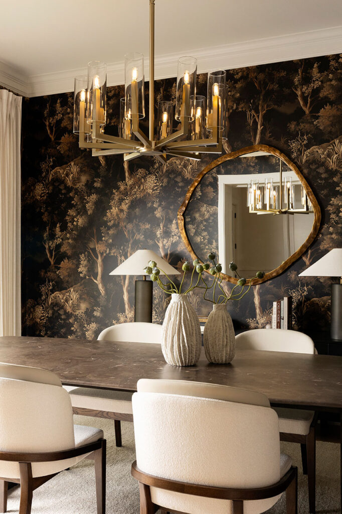 angled view of dallas dining room with dark wallpaper