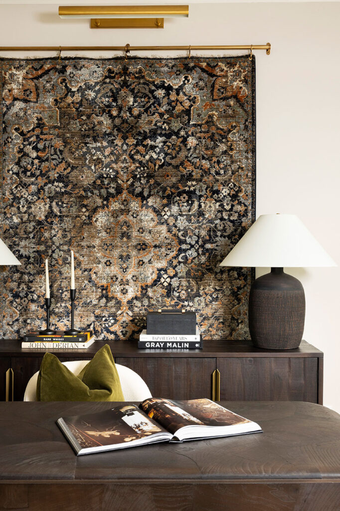 designer office in dallas with dark wood tones