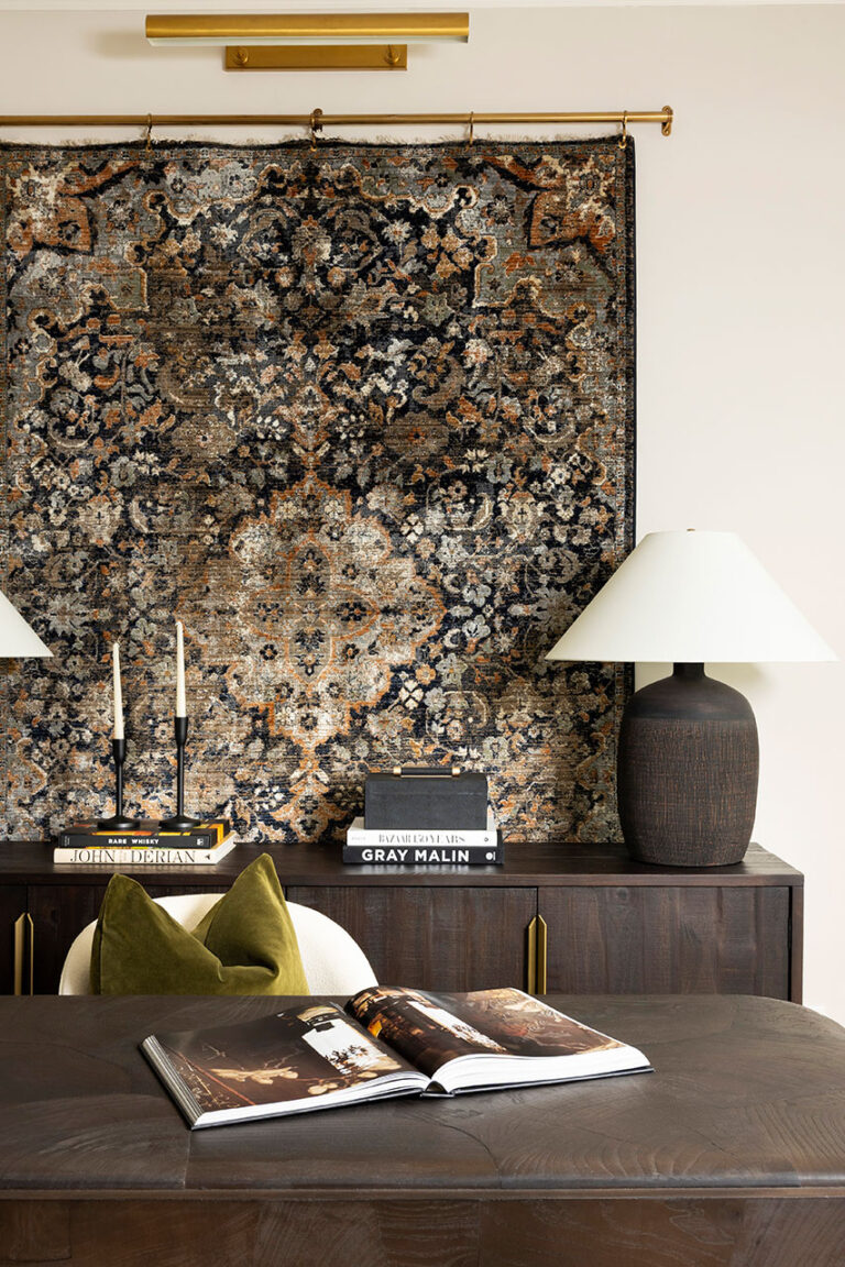 designer office in dallas with dark wood tones