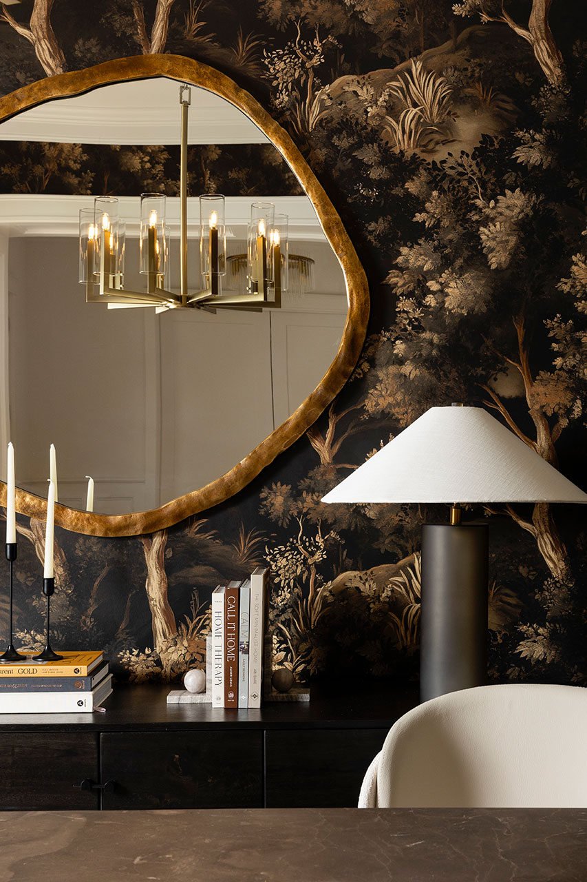dallas dining room with dark wallpaper and gold accents