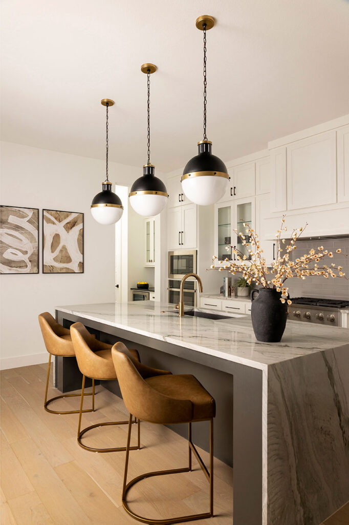 luxury kitchen with marble waterfall island in Dallas