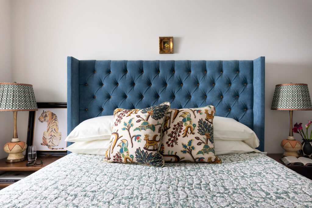 whole bedroom with custom headboard