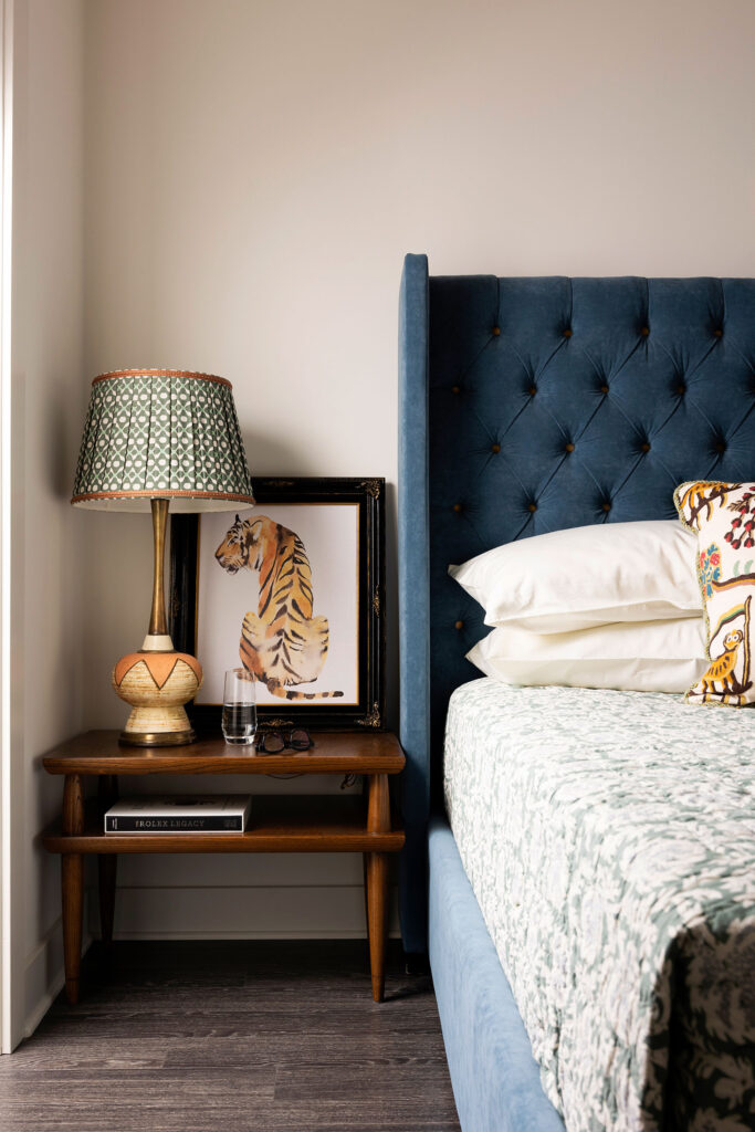 custom blue headboard in a bedroom
