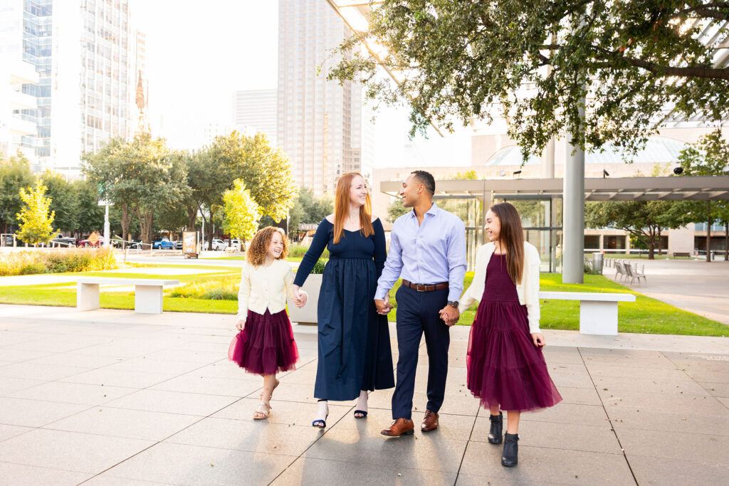 dallas family photos in the fall with buildings