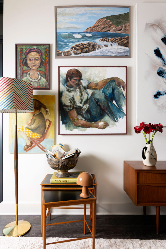 full view of gallery wall and light