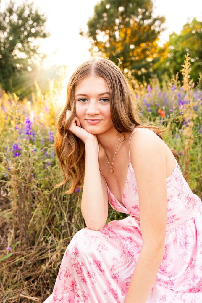 mini session in a wildflower field during golden hour
