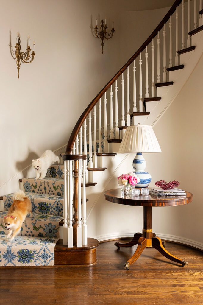 plano interior design staircase photo with dogs running down