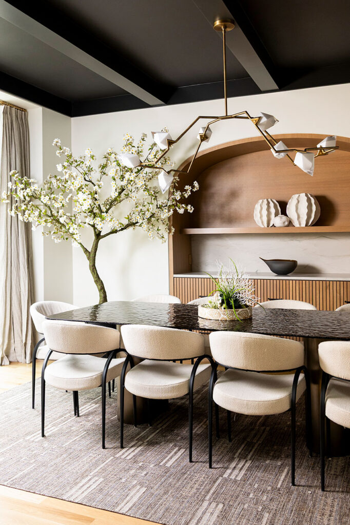 plano interior designer modern dining space with tree and a black ceiling
