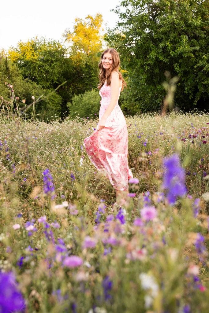 wildflower mini session in plano with purple flowers