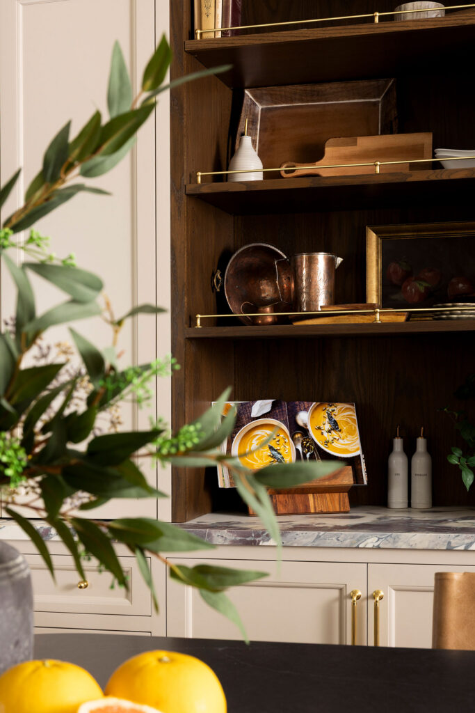 peek through of styled kitchen shelves